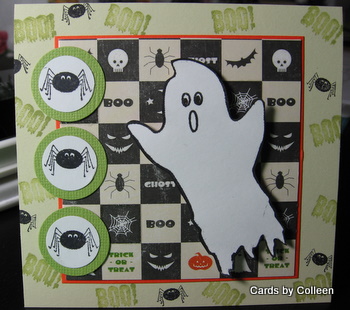 Boo
Love Halloween and this silly little ghost! Stamped the ghost on white paper, cut out and pop-dotted. 
