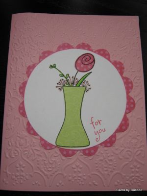 For You
Also used flowers from thanks2you, paper pieced the vase and rose, cuttlebugged the cardstock.
Keywords: flowers2share thanks2you