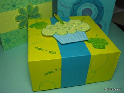 Cupcake Box
Used Martha Stewart Scoreboard to make box, stamped with birthday stamps.

