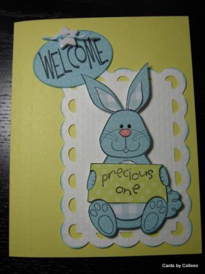 Welcome Precious One
Paper pieced the bunny and it started looking like a baby's stuffed animal so I decided to make it a welcome baby card.
