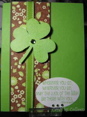 Shamrock
I'm a little late, stamped and cut out the shamrock, stamped the sentiment on oval piece. Added bling.
Keywords: shamrocks4us