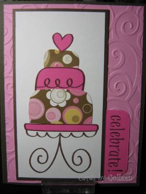 Celebrate cake
Again, I enjoyed building this cake, it's fun to pick out colors, designs, etc. At first I stamped swirls on the brown cake layers, but the ink rubbed off and made a mess so I redid it by stamping on the back of the paper and cutting out and leaving off the swirls.
