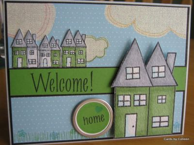 Welcome home
Colored houses with copics, cut out and attached to blue cloud DCWV paper
