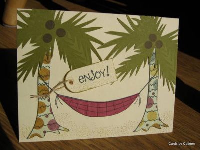 Enjoy!
I almost missed the little sand stamp, didn't see it....but once I did I had a lot of fun with it. I used it on the Enjoy tag and inside I stamped some at the bottom and added some coconuts.
