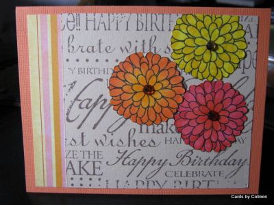 Happy Birthday Mums
Stamped mums and colored with copics, cut out and attached to cardstock. Added bling.
