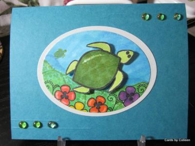 Sea turtle
Stamped the underwater scene and colored with Copics. Stamped turtle and colored and cut out and pop dotted it.
