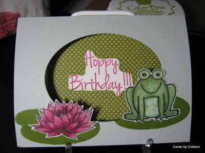 Hoppy frog
Colored frog and flower with copics, stamped lilypads and Hoppy Birthday with Stephanie's ink.
