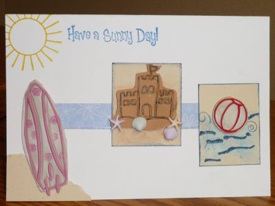 Sunny Birthday
I Stamped images directly on polymer clay (no ink) then cut around w/ craft knife & added clay "ropes" around the edges.  Stamped the small flower from the stamped4you set on the surf board then baked. I used small swirls from the swirls2build set in the water around the beach ball. LOVE how the sets all work together!
