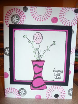 birthday flowers
I used stamps from back2basics set for the background & sentiment from banners4all. I colored in the flowers w/ sakura souffle pens
