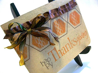 Happy Thksgiving
easy cas card using TSOL sentiment and SD HEXAGON stamps... easy one layer card .. just some ribbon for texture!
