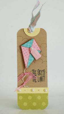 The Sky's the Limit Bookmark
Using the solid triangle stamps to stamp onto pattern paper and then reassembled. Used ribbon instead of the stamped bows for the kite tail. Stamped the clouds with tan ink on a tan background.
Keywords: kites2fly bookmark