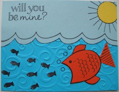 Will you be mine?
While looking at the video for owls2love, I got an interesting idea. So here it is. I used a total of 5 different stamp sets.
The bubbles and the eye are from eggs4Easter
The fish tail is from kites2fly
The sun, little fish and waves are from summer4fun
The sentiment is from hearts2love
And finally the big fish and the scales are from owls2love.
