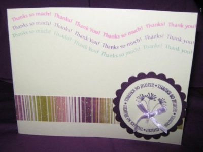 thank you card in cream with stripes
cream card stock stamped in 3 colors
patterned paper strip
stamped circle layered on scalloped purple circle
ribbon bow 
Keywords: thank you