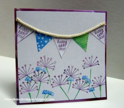 Mixed birthday card
For this simple birthday card I used two stamp sets - Banners4All and Thanks2You.  Love them!  I stamped the flags for the banner, cut them out and added them to the card along with a piece of jute rope for the banner string.  Then I stamped the flowers and stems underneath.
Keywords: Banners4All Thanks2You