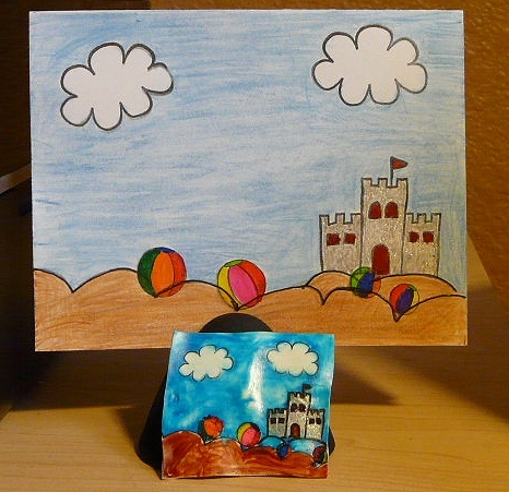 Card & mini magnet
Used Summer4Fun stamp set.  Colored with Crayola colored pencils.  Mini magnet created on Shrinky-Dink printer paper, and shrunk with heat embossing gun, then colored with Marvy Le Plume II markers.  
