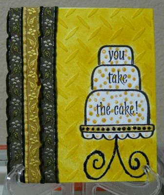 You take the Cake
Making Memories ribbons.  Cuttlbeug embossing folder; Ranger ink. Stickles glitter glue.
