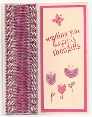 Sending You Happy Thoughts
I created this card using the Get Well 4 You stamp set.  Off white card stock base layered with rose red & off white paper.  The top layer was stamped using Tim Holtz's distress ink in Fired Brick.  The accent on the left of the card was created using fiberglass window screening and pearl cotton.  I weaved in 2 colors to get the design you see.  Hope you enjoy it.
