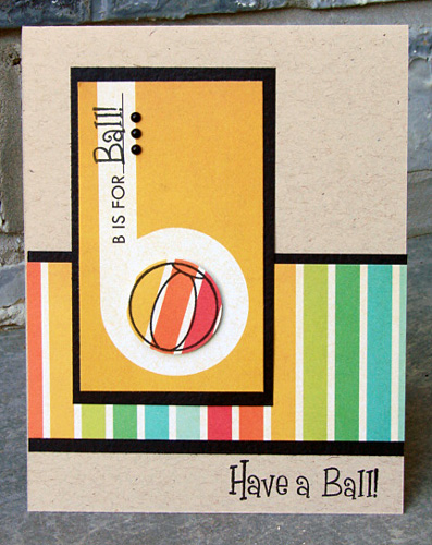 Have a Ball
Stamps: The Stamps of Life (Summer4Fun)
Pattern & Tag:We R Memory Keepers (72 and Sunny)
Gems: Kaiser Craft
Adhesives:Scrapbook Adhesives by 3L™ (3D Foam Squares, EZ Runner)
Card stock: Black and Kraft
Keywords: The Stamps of Life, We R Memory Keepers, Ball, Summer4Fun