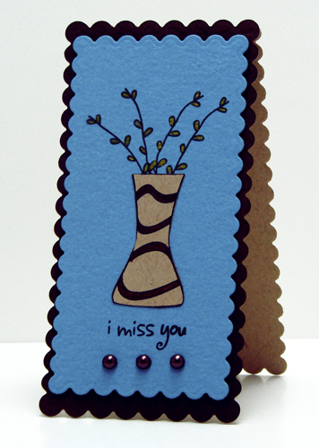 I Miss You
Stamps: The Stamps of Life (Flowers2Share)
Card stock: discountcardstock.com (Nautical Blue Prismatic, Kraft, Suede Brown dark)
Smooch accent ink: Clearsnap
Ink: Clearsnap
Dies: Spellbinders (Long Scalloped Rectangles)
Pearls: Kaisercraft
Marker: Prismacolor

TFL!
http://tamimayberry.com
Keywords: Flowers2Share