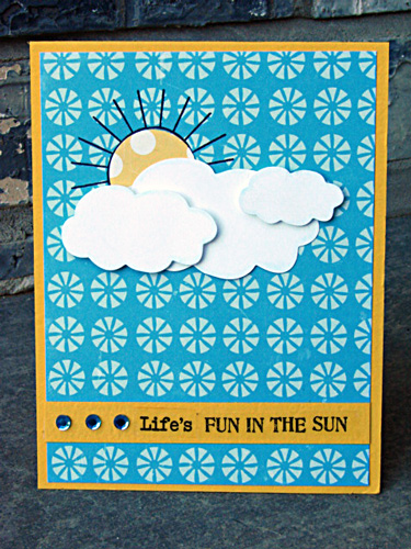 Fun in the Sun
Stamps: The Stamps of Life (Summer4Fun)
Pattern: Echo Park Paper
Stickers for greeting: SRM
Cloud die: MFT
Gems: Kaiser Craft
Adhesives:Scrapbook Adhesives by 3L™ (3D Foam Squares, EZ Runner)
Yellow
Keywords: The Stamps of Life, Echo Park Paper, Summer4Fun