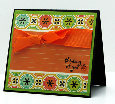 Thinking of You
Stamps: The Stamps of Life (Flowers2Share)
Card stock: discountcardstock.com (Classic Yellow Green, Black Prismatic)
Pattern: We R Memory Keepers
Flower gem: Creative Impressions
Ink: Clearsnap
Keywords: Flowers2Share