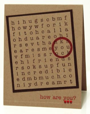 How Are You?
**The Gallery doesn't seem to like red, click photo image for full size (clear) image***


search4words and minis4circles
Stephanie Barnard inks from Clearsnap


TFL!
http://tamimayberry.blogspot.com/
Keywords: search4words minis4circles