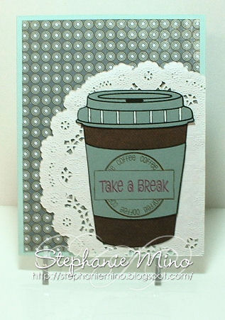 Coffee Break
I love how this card turned out!  I used some "non-traditional" colors for my paper cup, but it really looks fun on that doily!  I think everything works well together.
Keywords: coffee4two