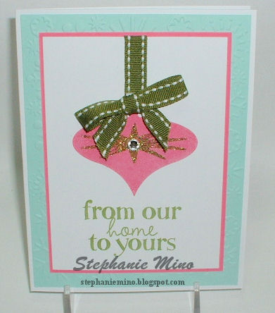 Hopeful Holiday
SCS is having challenges every day for the month of October and after you submit the picture of the card, you get to mail them to the UT MD Anderson Cancer Center for the patients.  This is the one I submitted today.  You had to use the colors pink (for Breast Cancer), aqua (for hope and healing) and olive (peace).  

Check out my blog for all the other cards I have made for this card drive: http://stephaniemino.blogspot.com/
