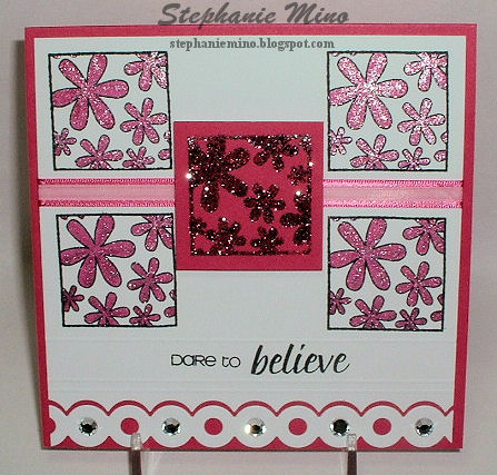 Pink Scrabble
Over at SCS there is a challenge all month for Cancer patients.  This challenge was to make a square card (scrabble board) that is pink (for Breast Cancer) and to have at least 4 more squares (scrabble tiles).  I knew that those little squares would be just perfect!  And look how "Blingy" it is by using my new Martha Stewart Glitter pens!!!  The sentiment is from "Swirls2Build".  Come see the rest of the cards for the card drive at my blog: http://stephaniemino.blogspot.com
