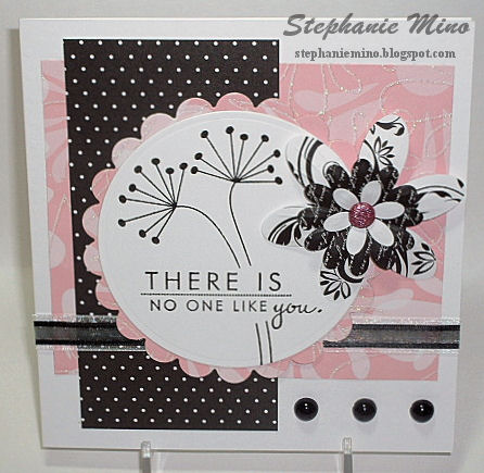 Pink Flower Power
Oh, how I love this card!!!  Another one created for a cancer patient.  Check out my blog for a neat way to stamp those stems so they don't go through the sentiment!  http://stephaniemino.blogspot.com
