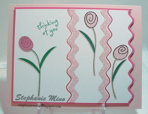 Pink Flowers 2 Share
I love the simplicity of these flowers.  I did cut each of them out because I stamped them on pink poka-dotted paper.  I just love how this card turned out.
