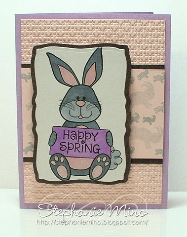 Spring Bunny
I had so much fun making this card.  I took Stephanie's advice and made my very own background paper (behind the bunny) using the 2 smaller bunny stamps and I also used her double stamping lighter/darker technique.  It really turned out cute!  I colored my bunny with Copic markers and was so happy to find one to match the purple base card!
