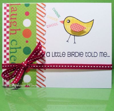 Birdie Birthday
I'm enrolled in the Summer Card Camp online class and the challenge this week was to use 5 colors and this birdie helped me make an adorable card that would fit the challenge.  I just love the 3 little tweets!  ;-)
Keywords: Birthdya, bird,