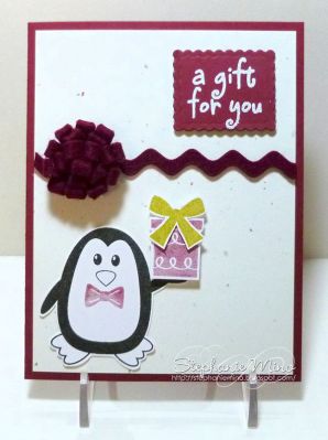 Penguin Gifts
This little cutie will be used often!!!  I paired my new stamp set with a new die to make that awesome felt flower.  You can see more details on my blog post:  http://stephaniemino.blogspot.com/2011/10/outlaws-sketch-challenge.html

