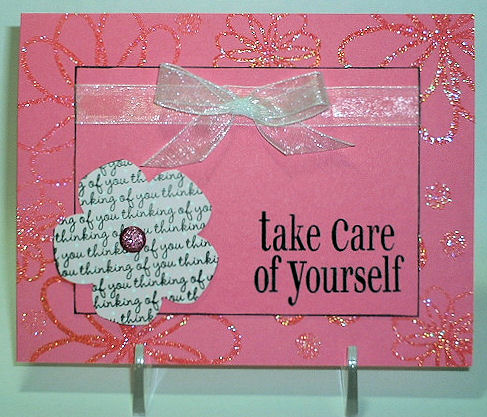 Pink Take Care of Yourself
I used 3 different sets for this card for a dear friend suffering with cancer.  I used PTI cardstock for the base & front panel.  Then I embossed flower2doodle all over the front with kaleidoscope embossing powder and heat set it.  Next, I embossed the front panel with SU tiny dots and my Big Kick.  I brushed the panel with black ink so it would pop a bit more.  Stamped the sentiment, attached the flower with a SU brad and then added a bow made w/ my Bow Easy.
Keywords: flower2doodle