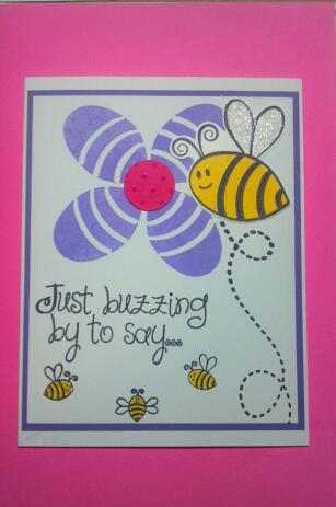 Flower&Bee Card
Was just playing around and decided to try using the bee's body (fill in color) stamp to make a flower...LOL...turned out ok I thought??!! Another dual purpose for the stamp image anyway.
Keywords: Bee, Flower