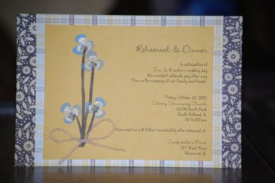 Rehearsal Dinner Invite
I came across this rehearsal dinner invite idea and printed it myself on cardstock.  Then stamped it with TSOL and mounted it on patterned papers to match the wedding colors.
