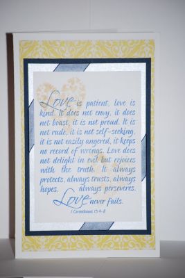 Love is... 
 A wonderful wedding scripture!
Keywords: hearts2diefor, quote2love, sympathy4you, cake2build, blueberry and mustard stamp pad