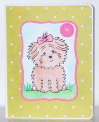Cookie
I watercolored the image and added grass, blue sky background and faux button.  
Keywords: cookie puppy dog