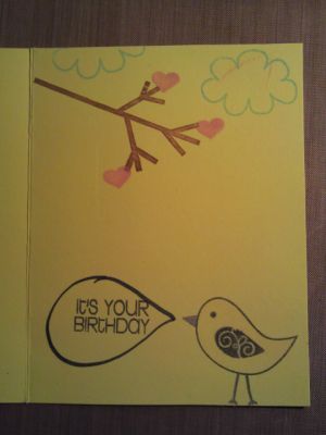 Lil birdie told me bday card (inside)
the inside to the card, i wanted to incorporate the branch from the front. 
Keywords: tree, branch, bird, birdie, clouds
