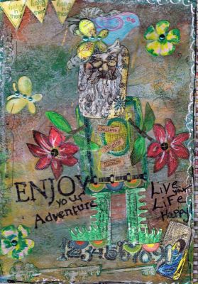 I used your butterfly and flower sizzix die and painted them. I also added some banner in the left hand upper corner.. Just a stamp collage I painted..
