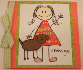 I miss you
I used cardstock from staples (pink for base of card and white to stamp image)  and the pattern paper is K&co berry sweet line. Brown cardstock is bazzill and so is the pink from the shoew. Ribbon is a scrap so i am not sure who makes it. 

