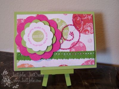 YouMakeMeSmile
Paper: Scraps, Recollections, background paper is from a FREE digi kit by Shabby Princess 
Ribbon: Fancy Pants
Bling: Want2Scrap
Stamps: Stamps of Life by Stephanie Barnard
Die Cut: MM Slice 

