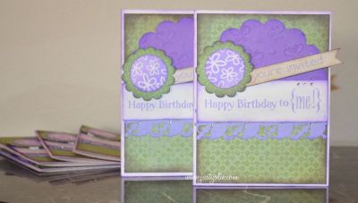 Birthday Invites
Please click on the image for a larger view.  The flower background stamp is from the Back2Basics set.  "You're invited" is from  the HappyBday2You set.   I had to do some masking to get the "Happy Birthday to {me!}:  The brackets are from the Hearts2Love set.  The "me!" is from the word "Welcome!" from the "Houses4Us" set.  Still with me?  :)  The "Happy Birthday" is from Birthday2Celebrate and so is the "to" but it read "to you"  so I masked off the "you".  Whew!  I'm trying to make the most of my stamps. LOL

I also embossed using the Butterfly folder.
Keywords: Back2Basics, HappyBday2You, Hearts2Love, Houses4Us, Birthday2Celebrate