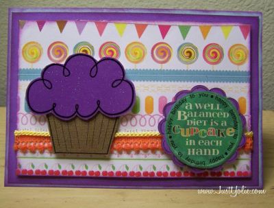 a well balanced diet....
is a cupcake in each hand
The saying is from the bottom of a cupcake wrapper by Paula Deen.
I stamped the birthday to you from the HappyBday2You around the saying.  Paper is from DCWV.
Keywords: cupcake, birthday, happybday2you