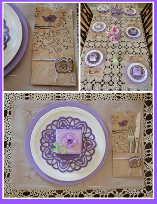 Place Settings
Please click on the image, to view a bigger picture.  I used Branches4Flowers, Thanks4OneYear, Stamps4FancyLabel and Make N Take LE #1 
I created a pocket out of lunch bags.  Embossed the lower part, fold and stapled the sides.  I had loads of fun stamping!  Every place setting has a different treat box sitting on paper doilies.  
You can view more pictures on my blog:  http://www.justyolie.com/2012/04/happy-belated-birthday-to-me.html
Keywords: Branches4Flowers, Thanks4OneYear, Stamps4FancyLabel and Make N Take LE #1