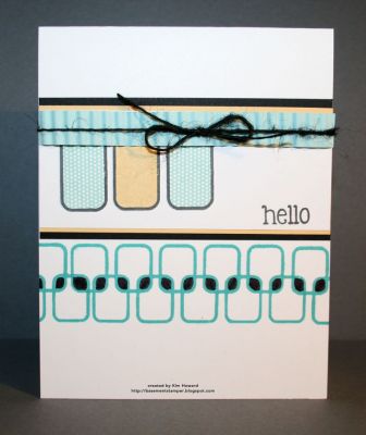 *hello
Card details:
Stamps: Tiles2Stamp and Snails2mail from The {Stamps} of Life
Card Stock: Whisper White, Pool Party So Saffron
Inks: Color Box by Stephanie Barnard in Licorice, Bermuda Bay, So Saffron, Pool Party
Embellishments: Black twine, paper crimper
Keywords: tiles2stamp snails2mail
