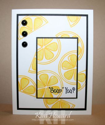 *"Sour" You?
Card details:
Stamps: Lemonade2drink from The {Stamps} of Life
Cardstock: Whisper White, Basic Black
Inks: Color Box by Stephanie Barnard- Licorice and Banana
Embellishments: Want2Scrap Black Pearls
Keywords: Lemonade2drink