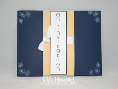 An Invitation-outside
created a tri-fold invitation that is held closed with the invitation belly band.  I stamped the small flower against the yellow strip with the same colored ink so it is very subtle
Keywords: standup4sentiments lines2journal back2basics
