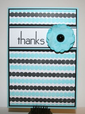 Thanks
Card details:
Stamps: Quick2border and Thanks2you from The {Stamps} of Life
Cardstock: Basic Black and Cool Carribean from Stampin' Up, Georgia Pacific White
Inks: Basic Black and Cool Carribean from Stampin' Up!
Embellishments: Sizzix Flower Framelits, Bo Bunny Zoology Jewels, Dimensionals from Stampin' Up!
Keywords: quick2border thanks2you